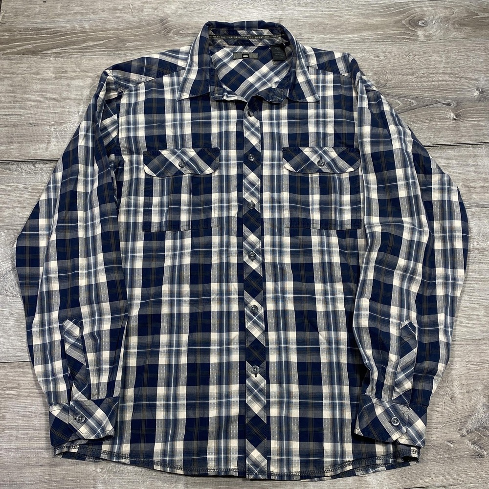 REI Shirt Mens Large‎ Blue Plaid 100% Cotton Button Front Long Sleeve Casual